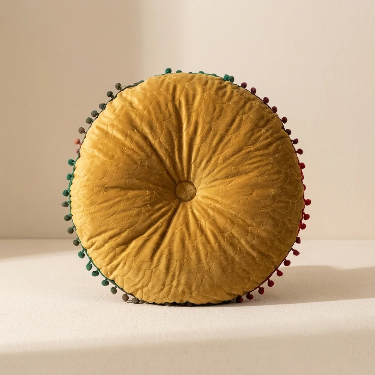 Round mustard yellow pillow with decorative pom-pom trim on a beige background