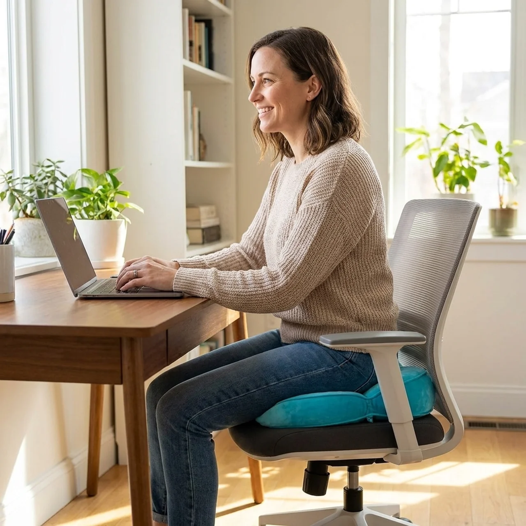 Woman sitting at a desk using a laptop in a bright room with plants