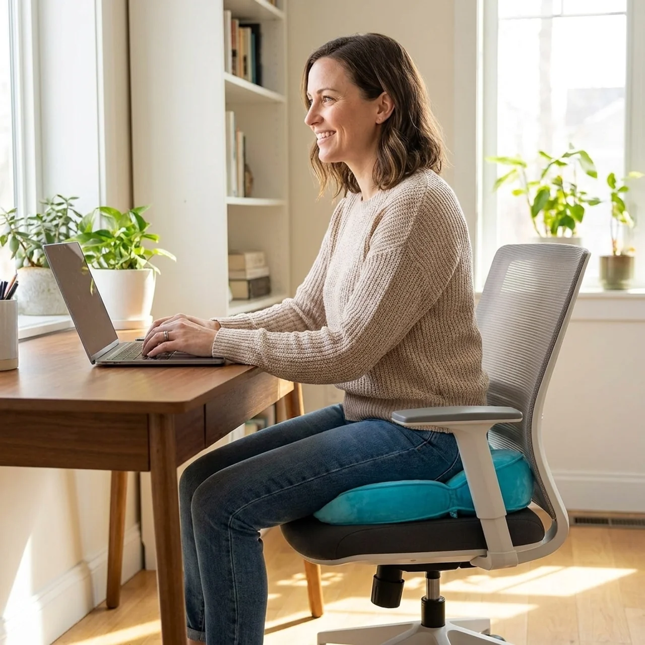 Woman sitting at a desk using a laptop in a bright room with plants