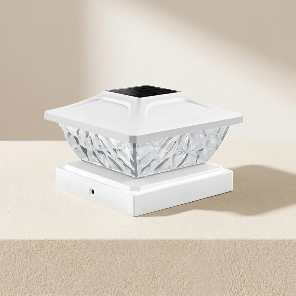 Solar-powered outdoor light fixture on a beige background