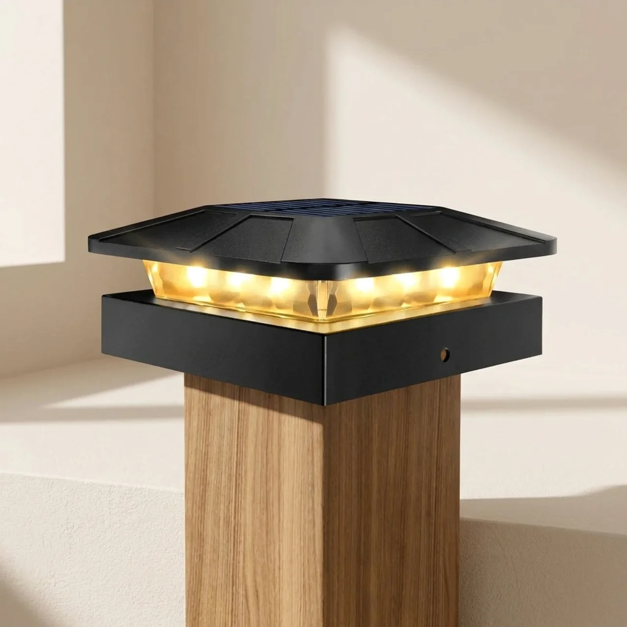 Solar-powered post light on a wooden post with a neutral background