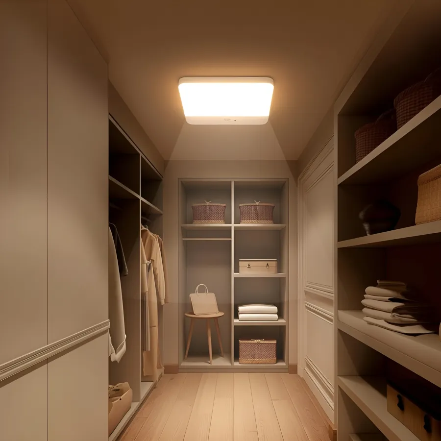 Well-lit walk-in closet with shelves and storage solutions.