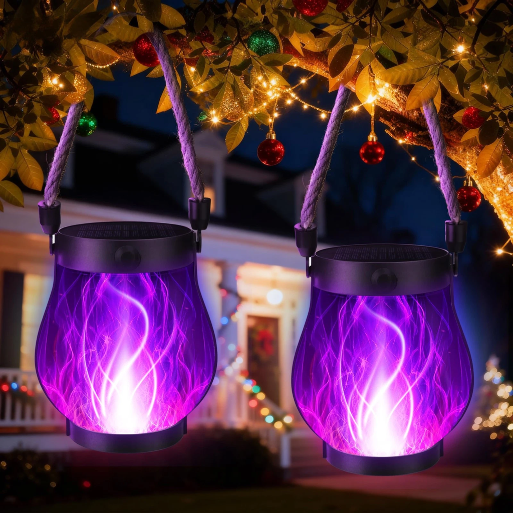 Two purple flame-patterned lanterns hanging from a tree with festive lights in the background.