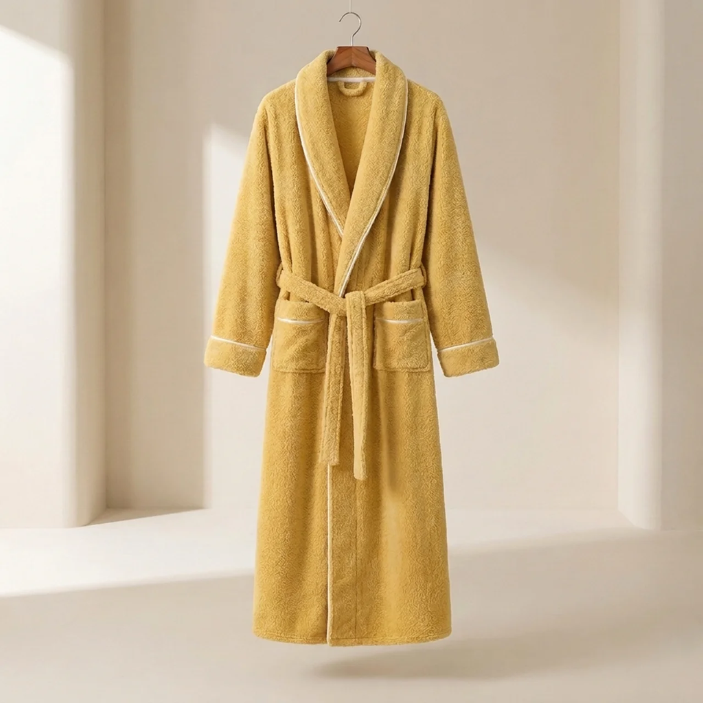 Yellow robe on a hanger against a neutral background