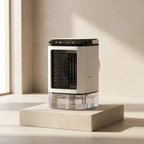 Portable air conditioner on a beige platform with a neutral background