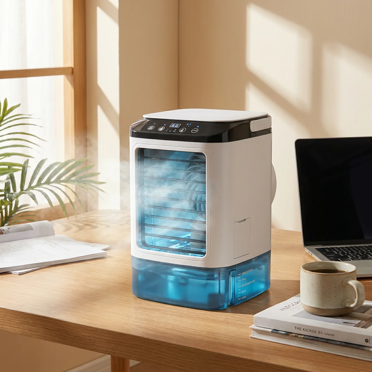 Humidifier on a desk with a laptop and coffee cup in a bright room