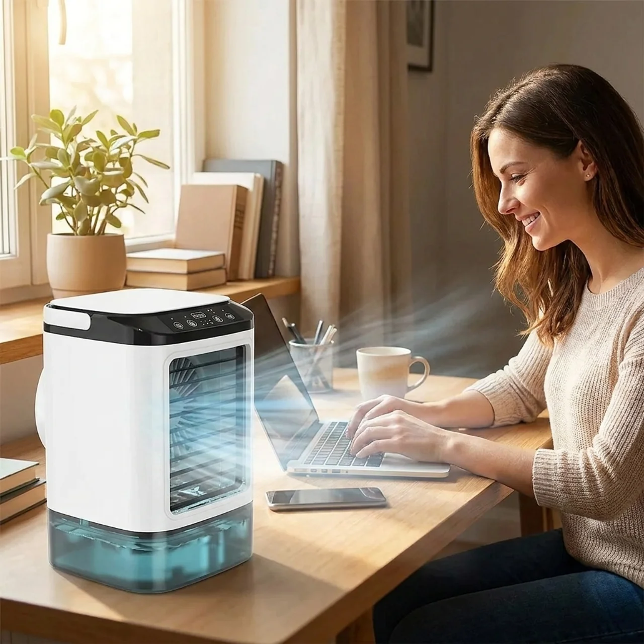 Woman using a laptop with a humidifier on a desk in a bright room.