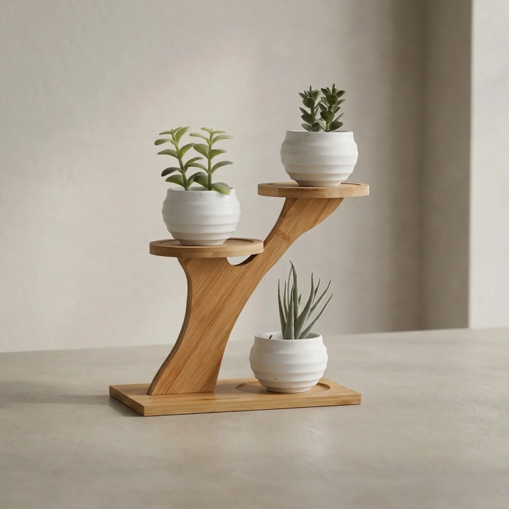 Wooden plant stand with three potted plants on a neutral background