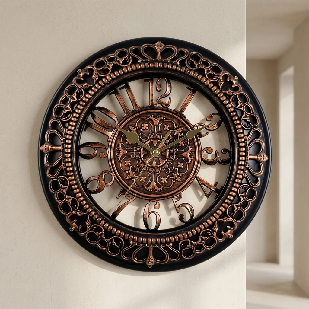 Decorative wall clock with intricate design on a plain wall.