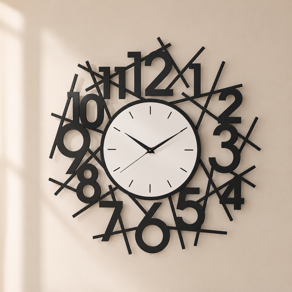 Wall clock with black numbers on a beige wall