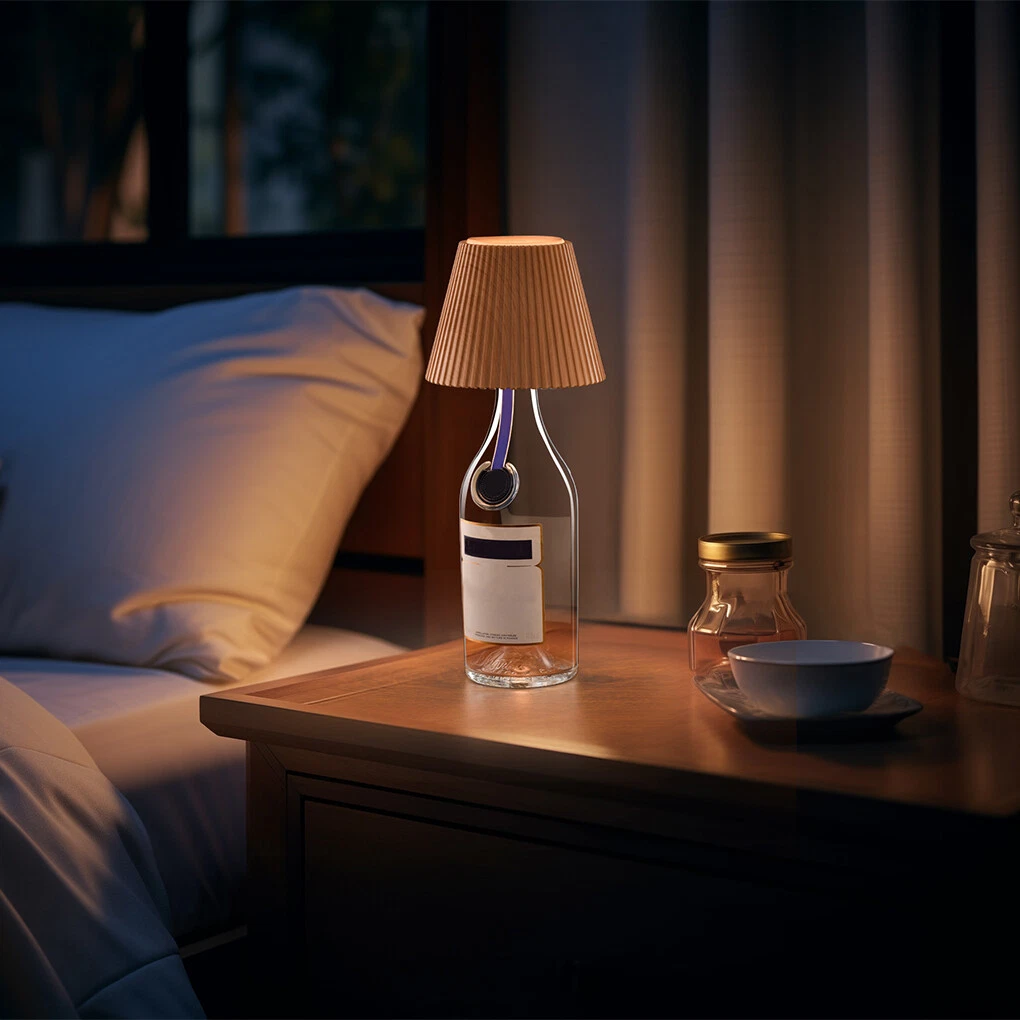 Lamp made from a glass bottle on a bedside table with a cozy bedroom setting.