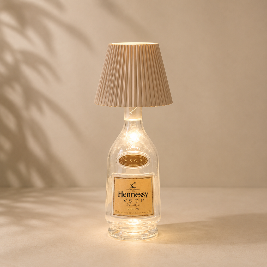 Hennessy VSOP bottle lamp with pleated shade on a beige background