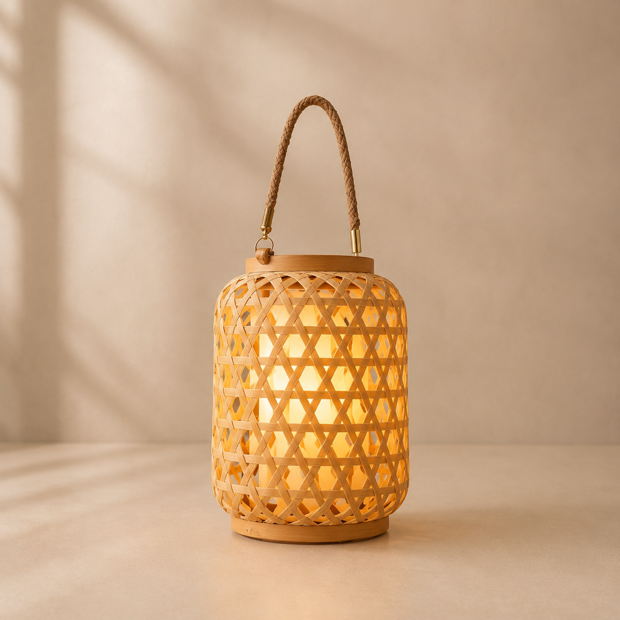 Woven lantern with a rope handle on a beige background