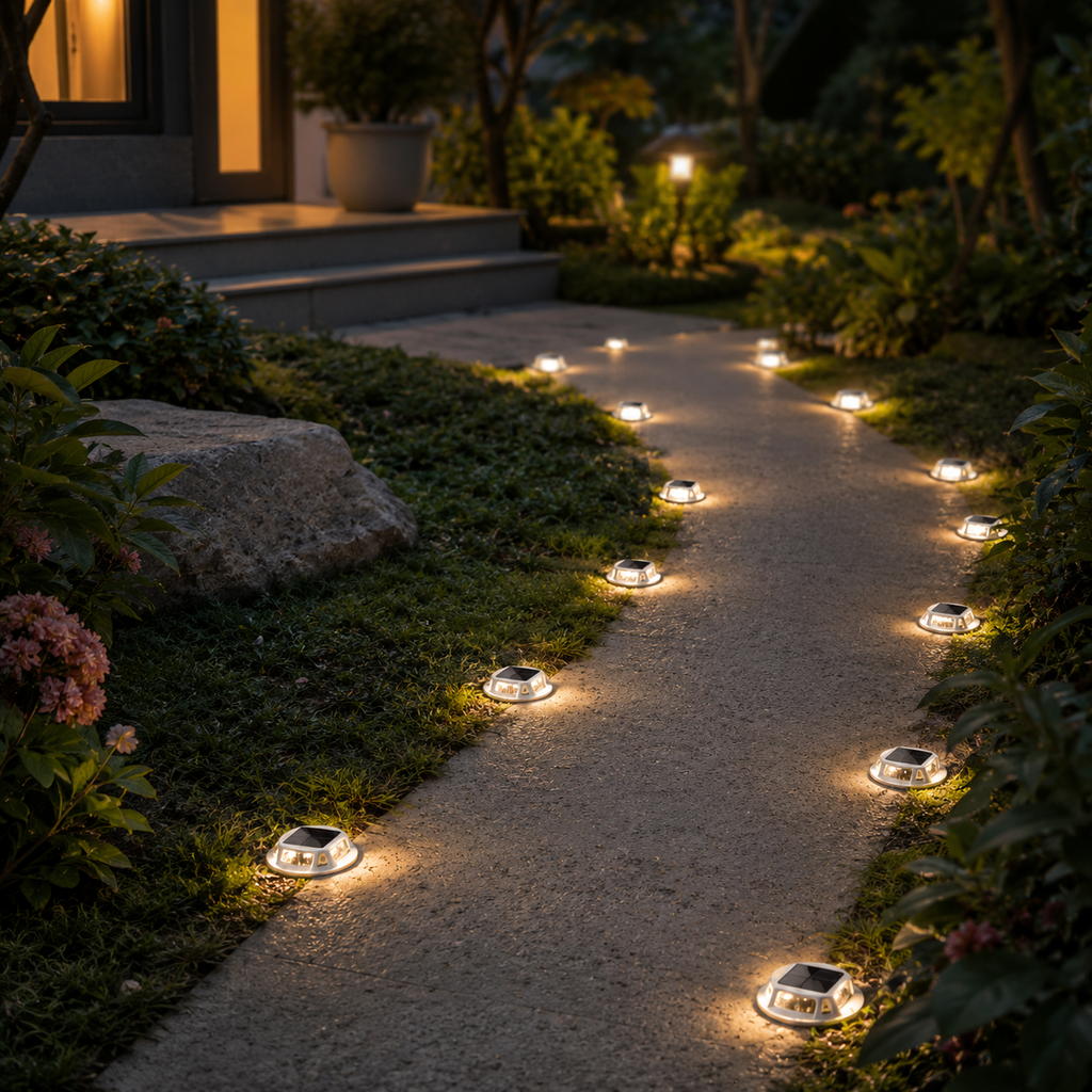 Solar-powered lights illuminating a garden pathway at night.