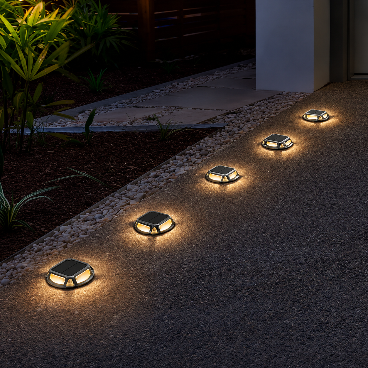 Solar-powered outdoor lights illuminating a pathway at night.