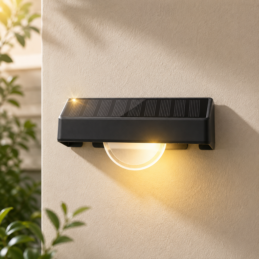 Solar wall light fixture on a beige wall with plant in the corner
