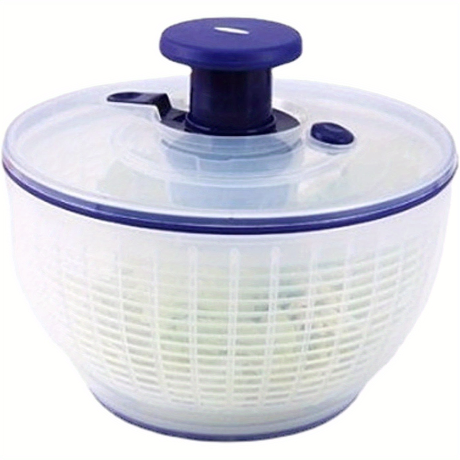 Salad spinner with blue lid on a white background