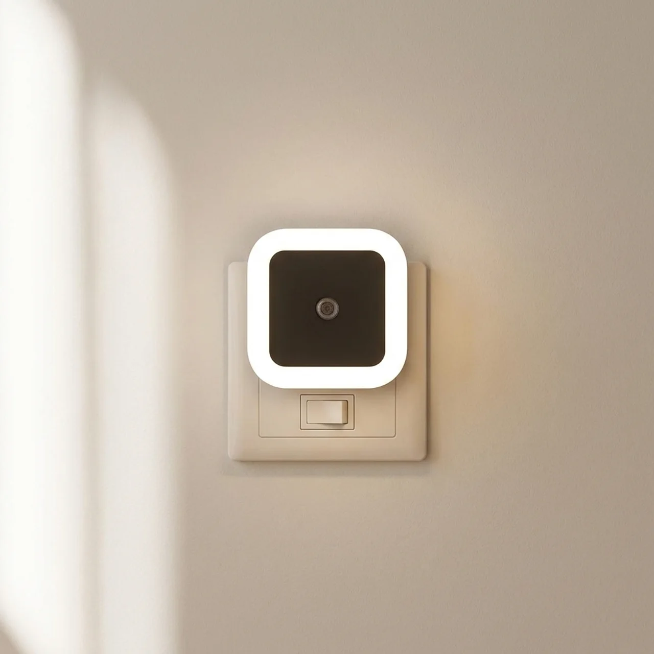 Square light switch with night light feature on a beige wall