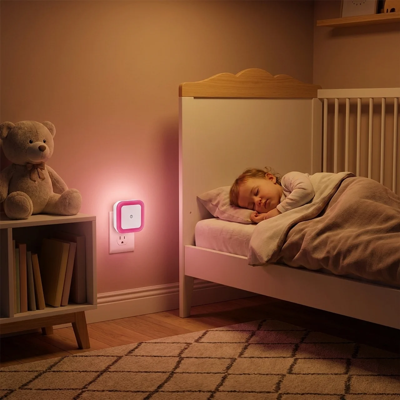 Child sleeping in a bed with a night light on the wall, next to a teddy bear and books.