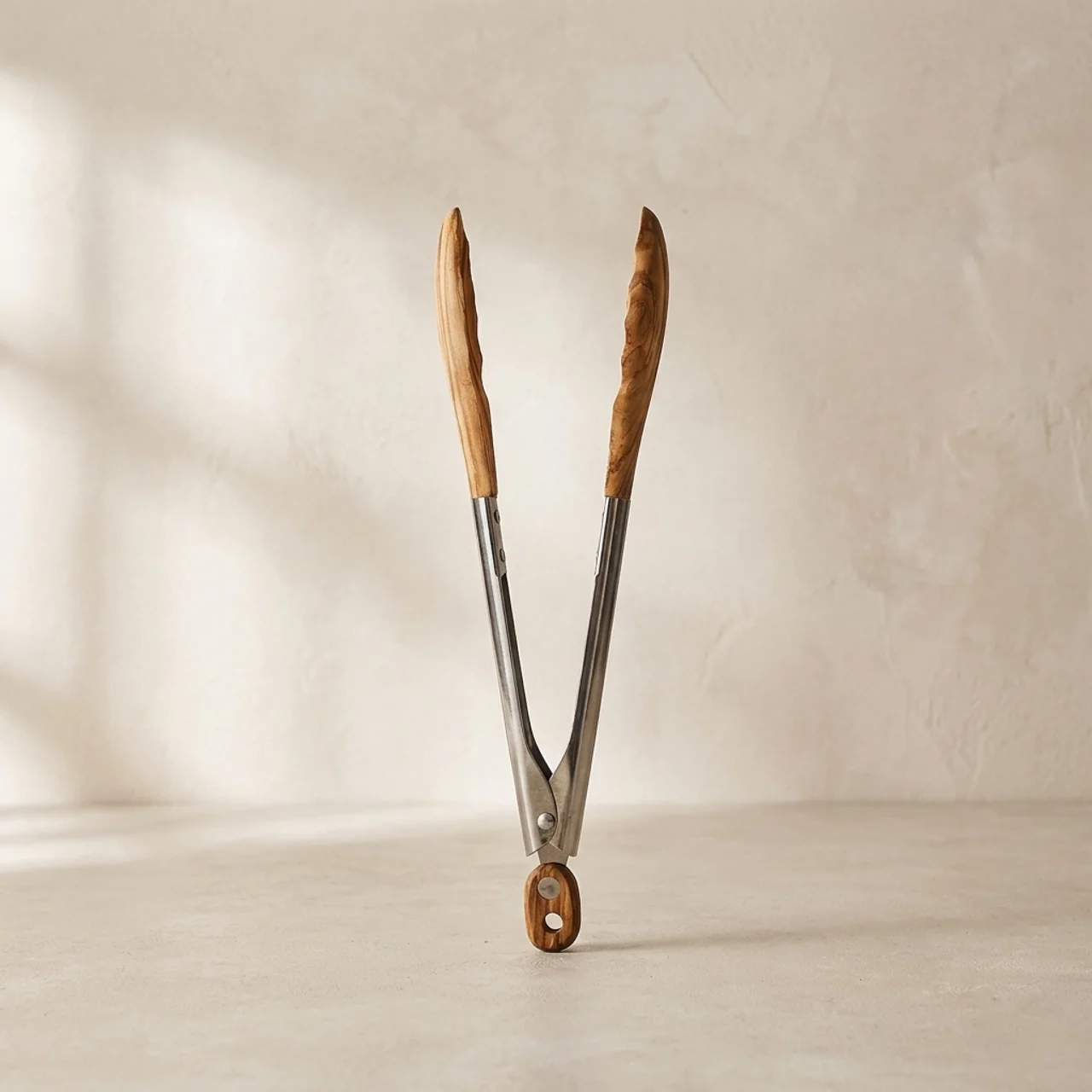 Wooden-handled tongs on a beige background