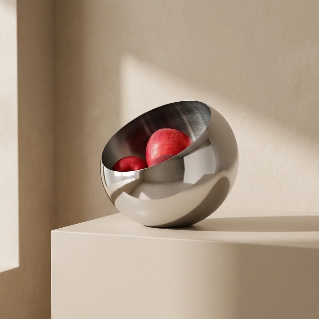 A polished metallic bowl with a reflective silver finish, shown on a beige pedestal with red fruit inside. The background is a warm beige wall with soft, directional sunlight casting shadows.