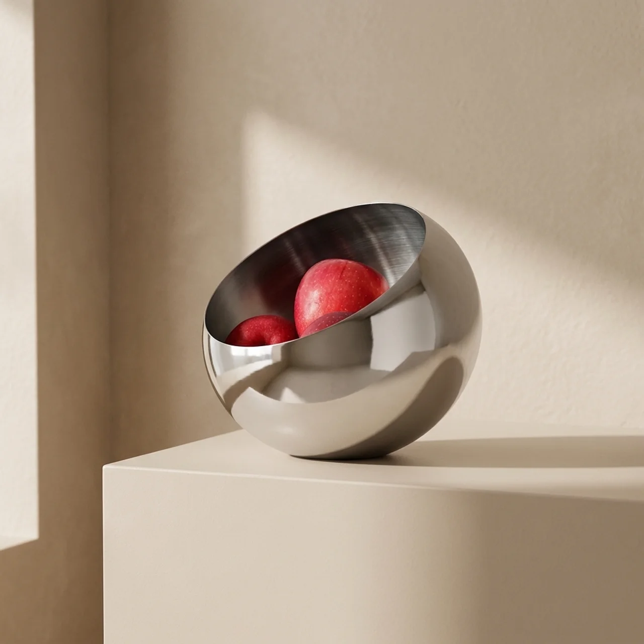 A polished metallic bowl with a reflective silver finish, shown on a beige pedestal with red fruit inside. The background is a warm beige wall with soft, directional sunlight casting shadows.