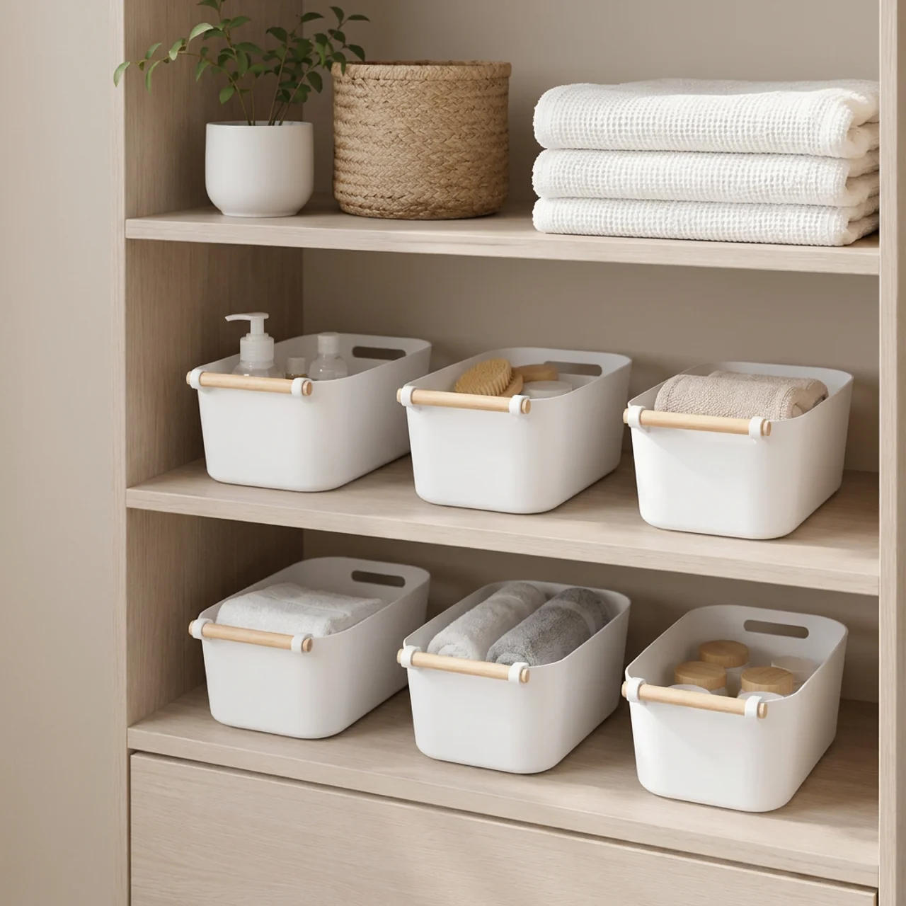 Storage Tub with Wooden Handles Open Top Household Organizer