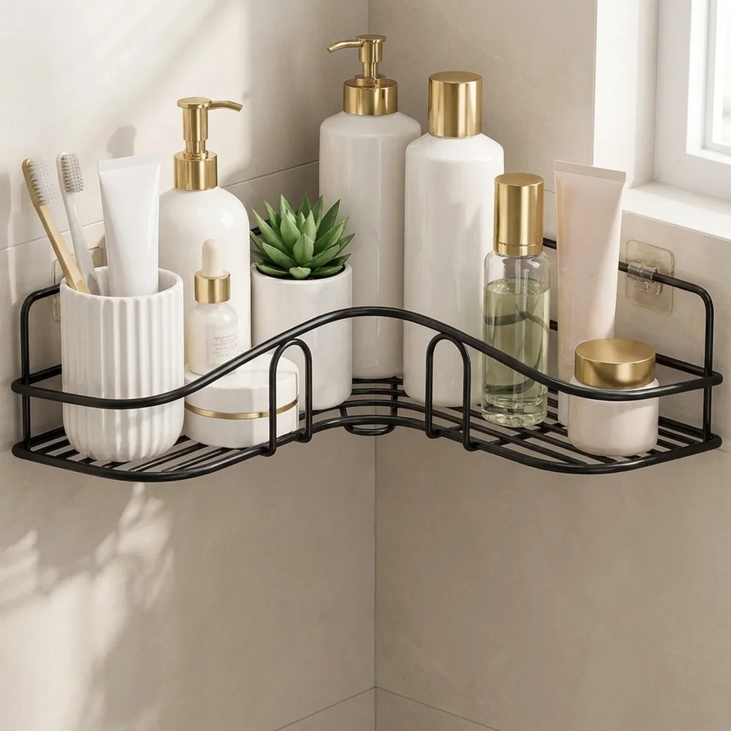 Corner Shower Caddy Wall Mounted Two Tier Black Bathroom Storage Shelf
