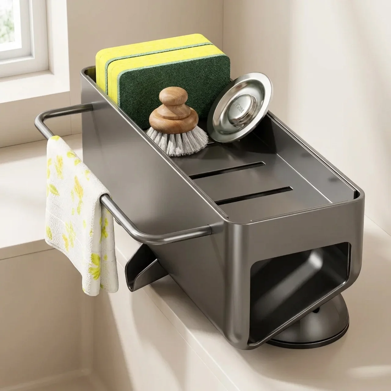 A dark gray metal kitchen sink organizer with a suction cup base, shown mounted on a sink ledge. The organizer features a side handle holding a white towel with yellow floral print, a top tray holding a wooden-handled scrubber, a metal lid, and a stack of green and yellow cleaning sponges.