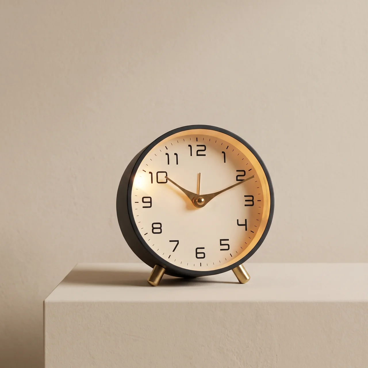 A round analog alarm clock with a black outer frame, cream-colored face, black numerals, and gold hands, resting on a light beige pedestal against a neutral beige background.