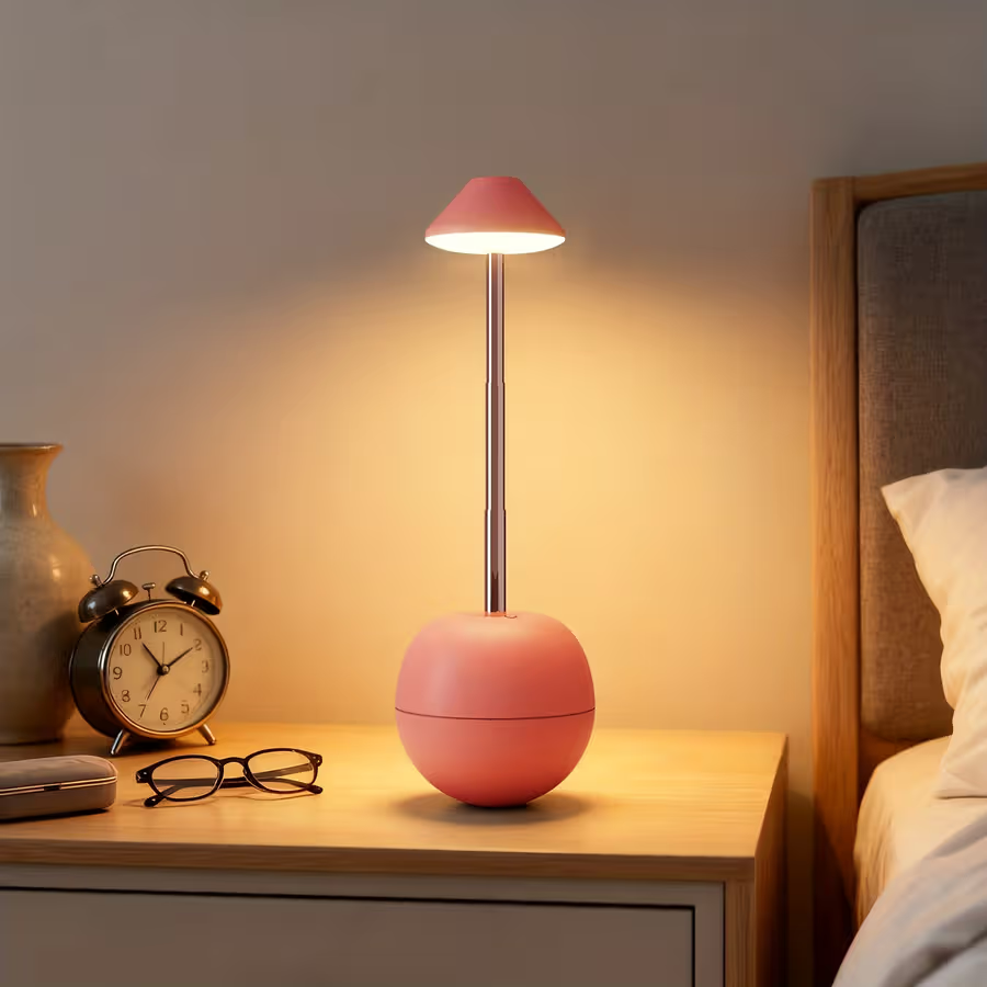 A pink spherical table lamp with a slim metallic stem and a pink conical shade, glowing warm white on a wooden bedside table next to a clock, glasses, and a bed.