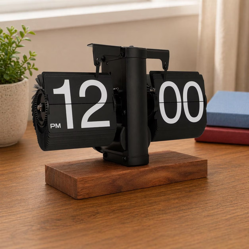 A black flip clock with large white numerals on a wooden base, placed on a wooden table in a home office setting with a plant and books in the background.