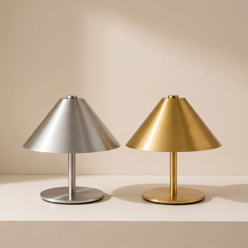 Two modern table lamps with conical shades and round bases, one in brushed silver and one in brushed gold, displayed side by side on a light beige surface against a matching beige background.