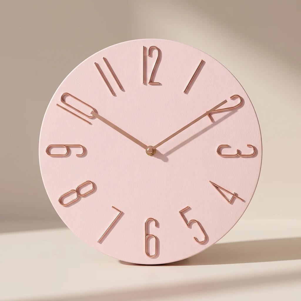 A minimalist round wall clock with a pale pink face and rose gold numerals and hands, shown against a warm beige background with soft shadows.