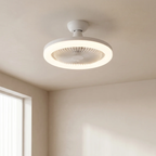 A modern white ceiling fan light with a circular LED ring, mounted on a beige ceiling in a minimalist room.