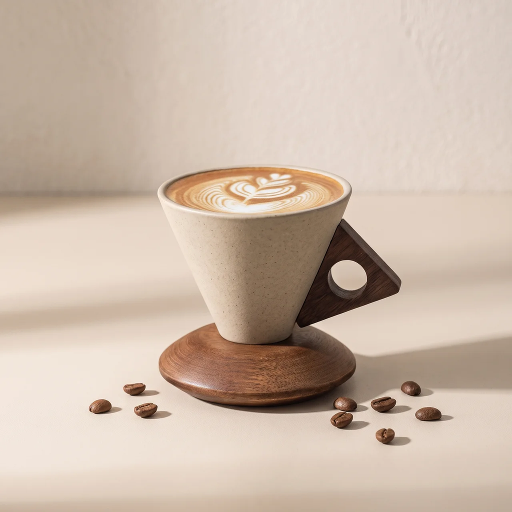 A ceramic pour-over coffee cone with a dark wood handle and matching wooden base, filled with latte art, set on a beige surface with scattered coffee beans.