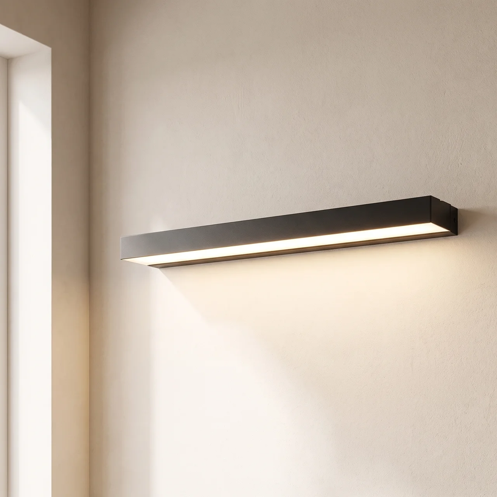 A modern rectangular wall sconce light fixture in a matte black finish, mounted on a textured beige wall and casting a warm glow downward.
