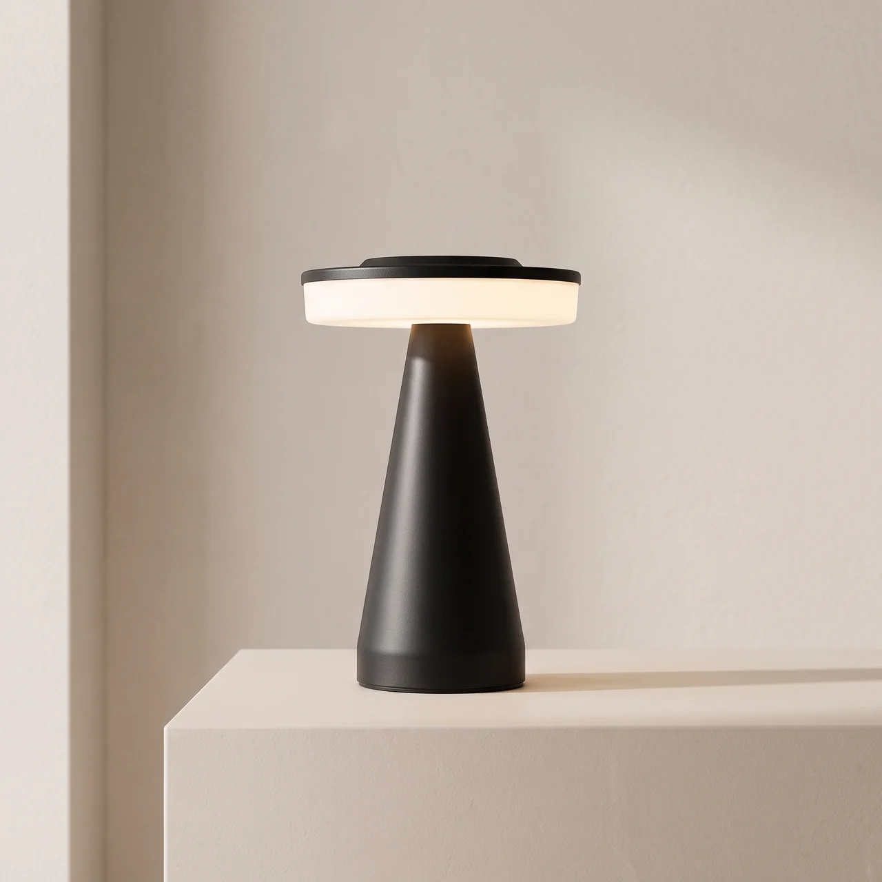 A modern table lamp with a matte black tapered base and a circular black top emitting a warm white glow, set on a light beige pedestal against a neutral beige wall.