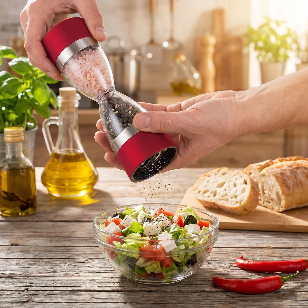A person's hands holding a red and silver pepper mill over a glass bowl of fresh salad, with black pepper grinding into the bowl in a warm, rustic kitchen setting.