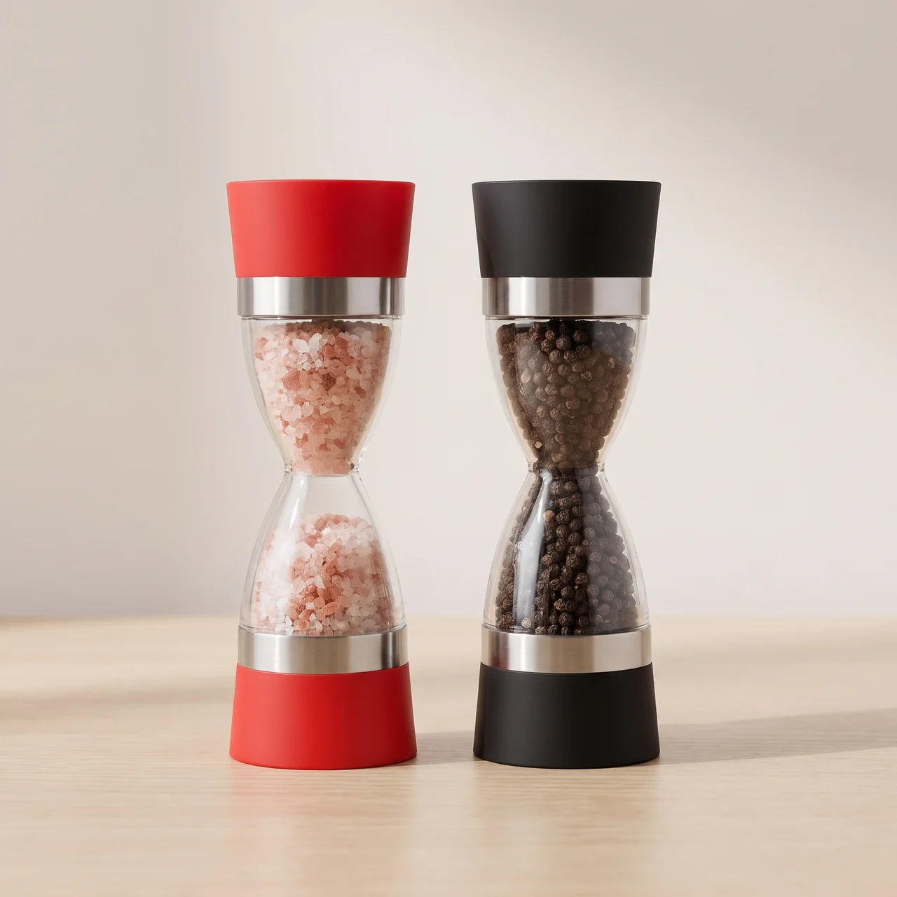 Two hourglass-style salt and pepper mills standing side by side on a light wood surface against a warm beige background. The left mill has a red top and base with silver metal bands and is filled with pink salt.