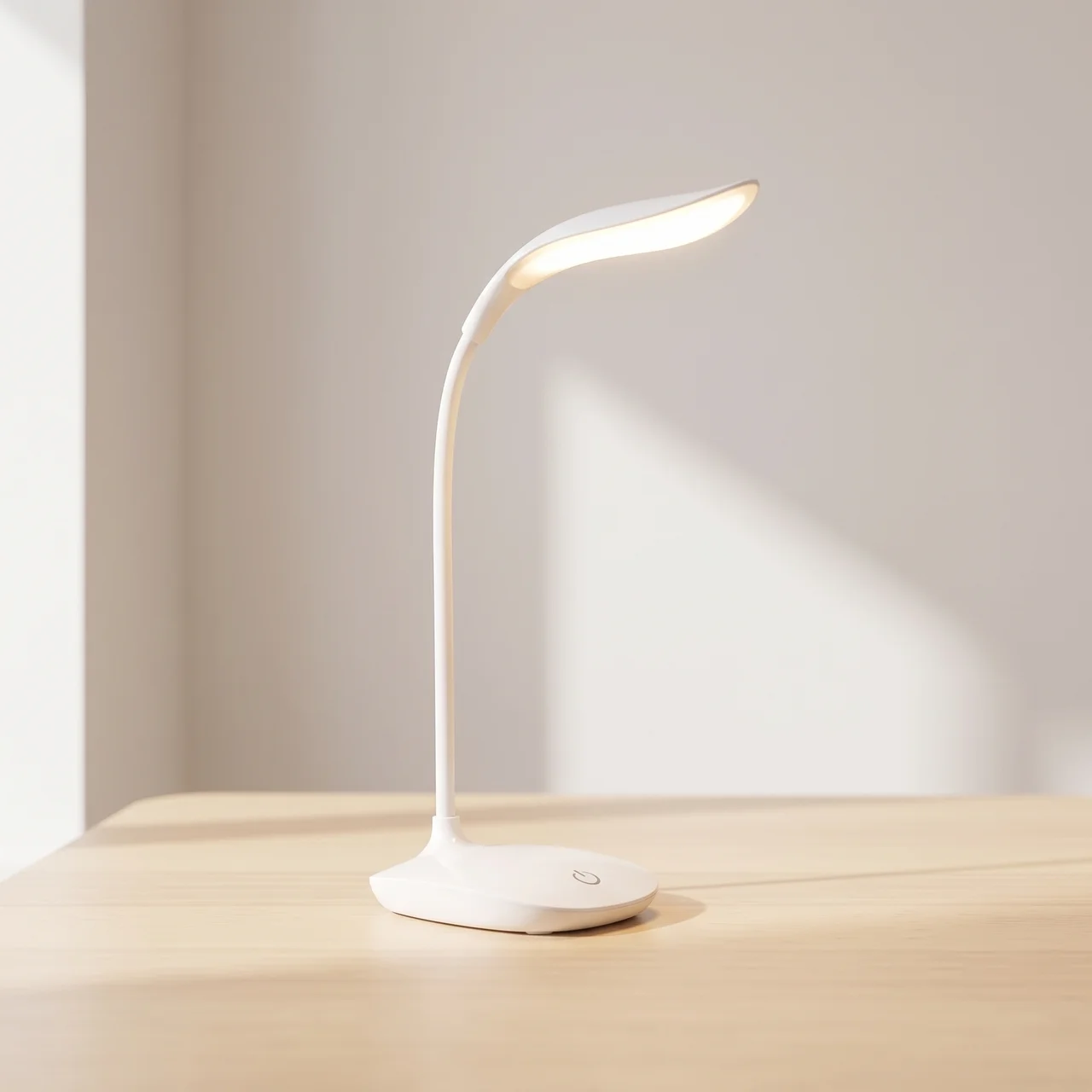A modern white flexible gooseneck desk lamp with a glowing illuminated light bar, resting on a light wood table against a neutral beige wall.