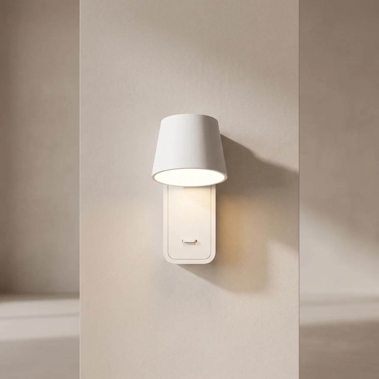 A modern white wall sconce light fixture mounted on a textured beige wall, casting a warm glow downward and outward.