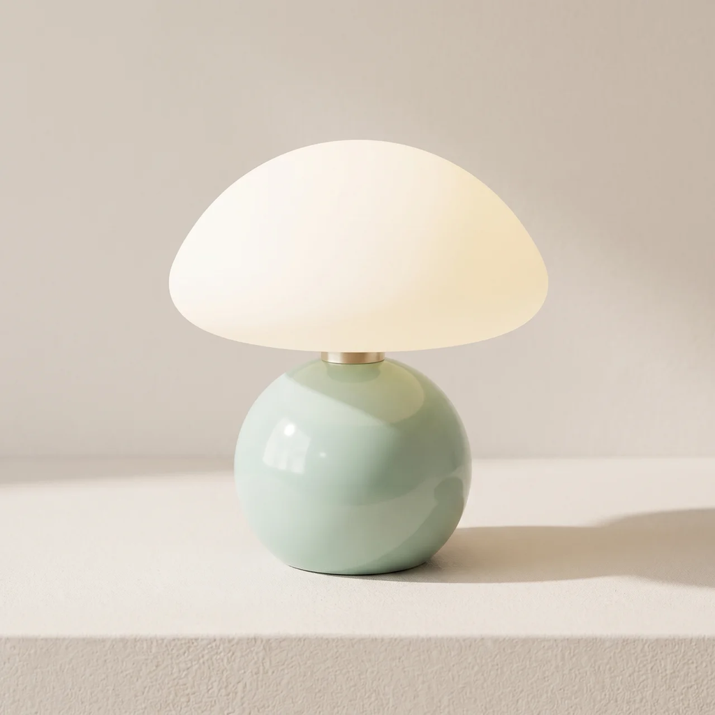 A mushroom-shaped table lamp with a glossy pale green spherical base and a frosted white dome shade, shown lit on a light beige surface against a neutral background.