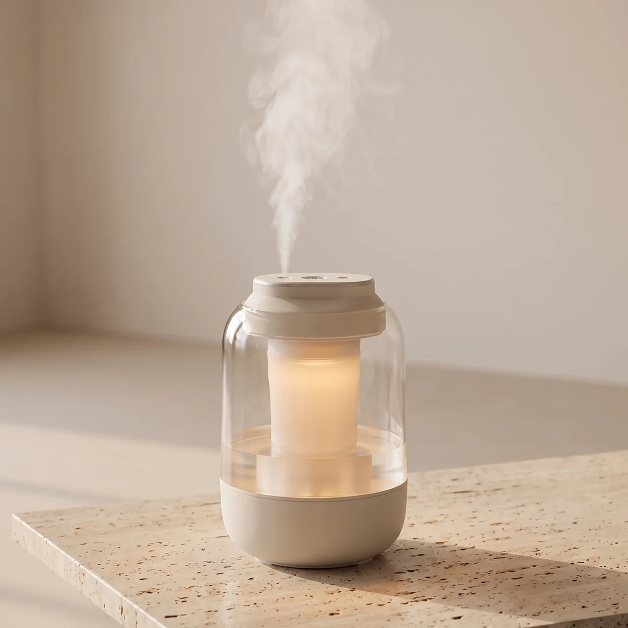A small tabletop humidifier with a clear glass body, warm white diffuser candle inside, and a matte cream-colored base and top, emitting a visible mist of steam. It sits on a light stone surface against a soft beige background.