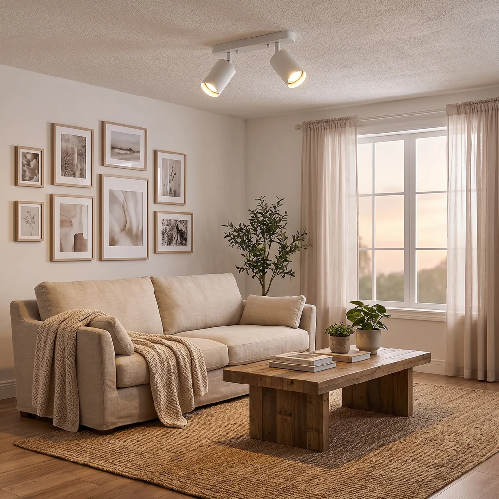 A styled living room featuring a beige fabric sofa with a matching throw blanket, a rustic wooden coffee table, a textured area rug, and a gallery wall of framed art. A large window with sheer curtains is visible in the background, with warm light filtering in.