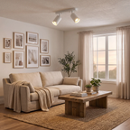 A styled living room featuring a beige fabric sofa with a matching throw blanket, a rustic wooden coffee table, a textured area rug, and a gallery wall of framed art. A large window with sheer curtains is visible in the background, with warm light filtering in.