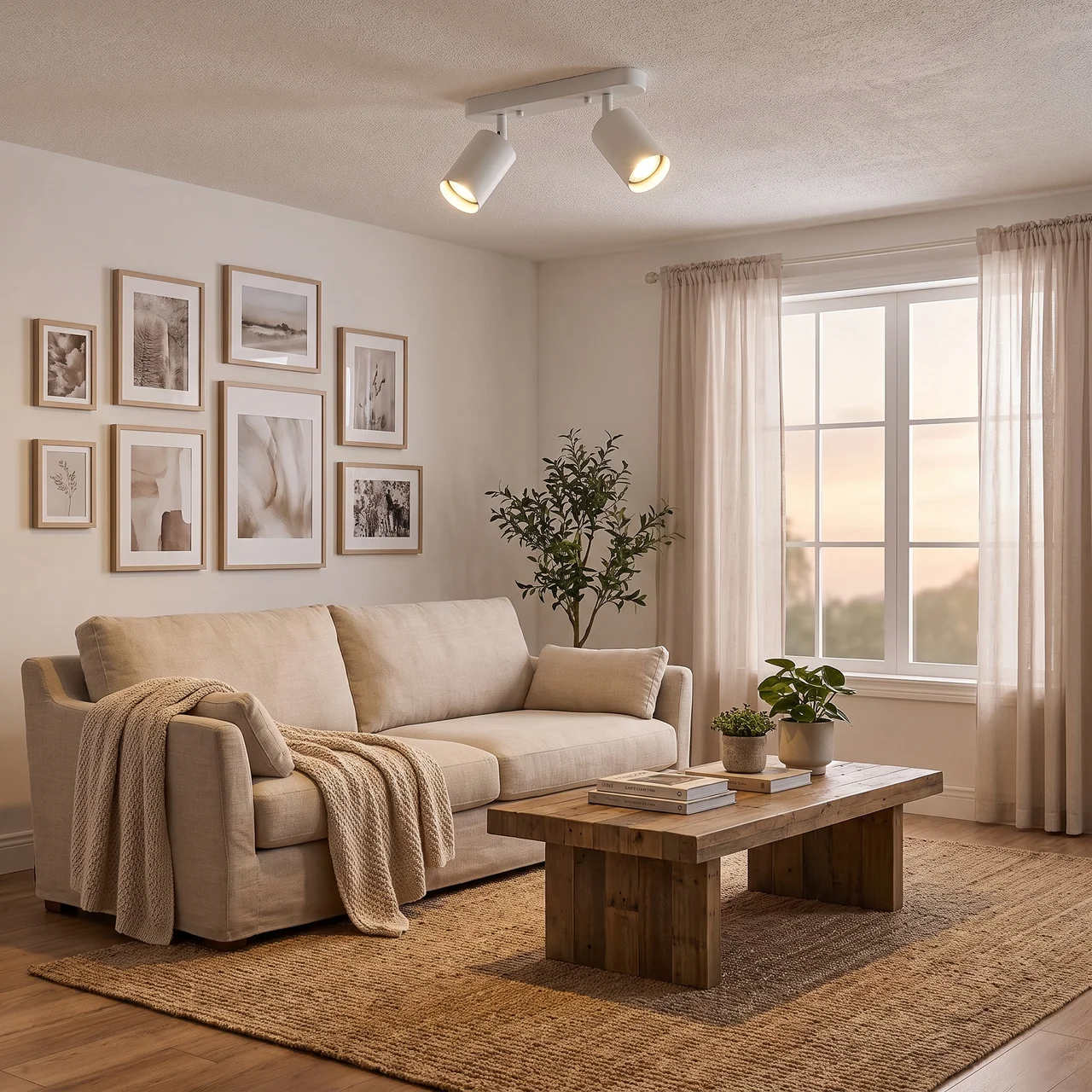 A styled living room featuring a beige fabric sofa with a matching throw blanket, a rustic wooden coffee table, a textured area rug, and a gallery wall of framed art. A large window with sheer curtains is visible in the background, with warm light filtering in.