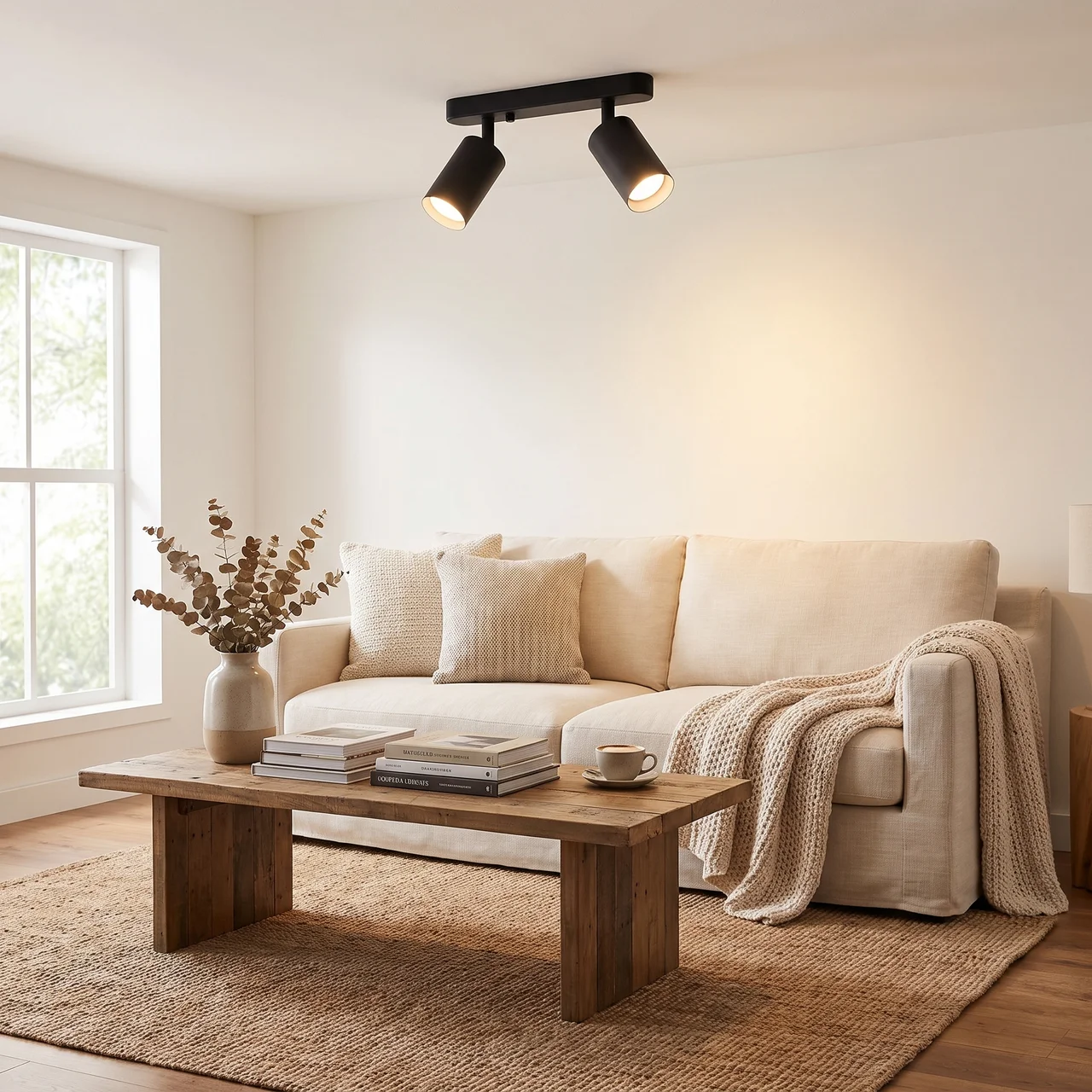 A modern black dual-head track spotlight mounted on a ceiling in a bright, minimalist living room with a beige sofa, wooden coffee table, and natural light from a window.