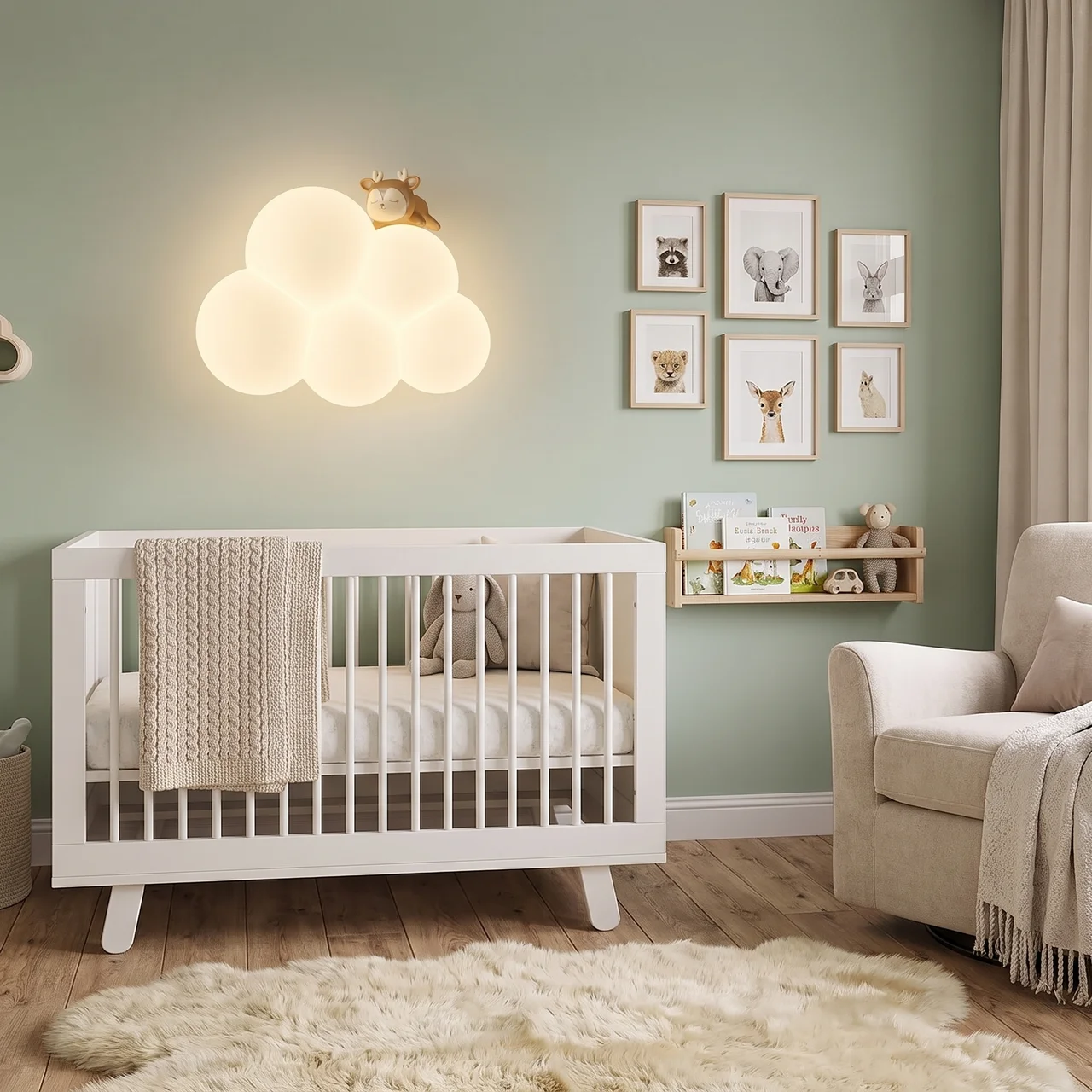 A white wooden baby crib with a cream knit blanket, styled in a nursery with a sage green wall, a glowing cloud-shaped wall light, framed animal prints, and a beige armchair.