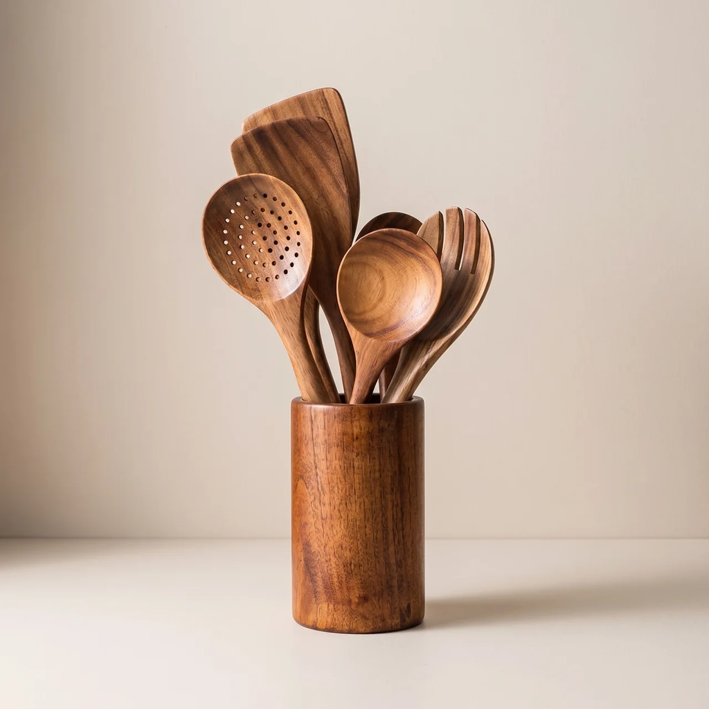A set of wooden kitchen utensils, including a slotted spoon, spatula, and serving spoons, arranged in a cylindrical wooden holder against a neutral beige background.